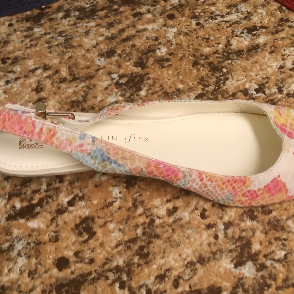 AK sling back multi colored shoes, pink, yellow, teal, cream, orange splashes